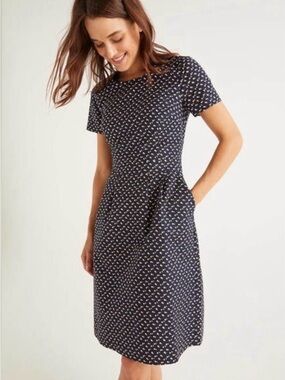 Boden Navy Midi Dress with Tiny Cream Floral Print